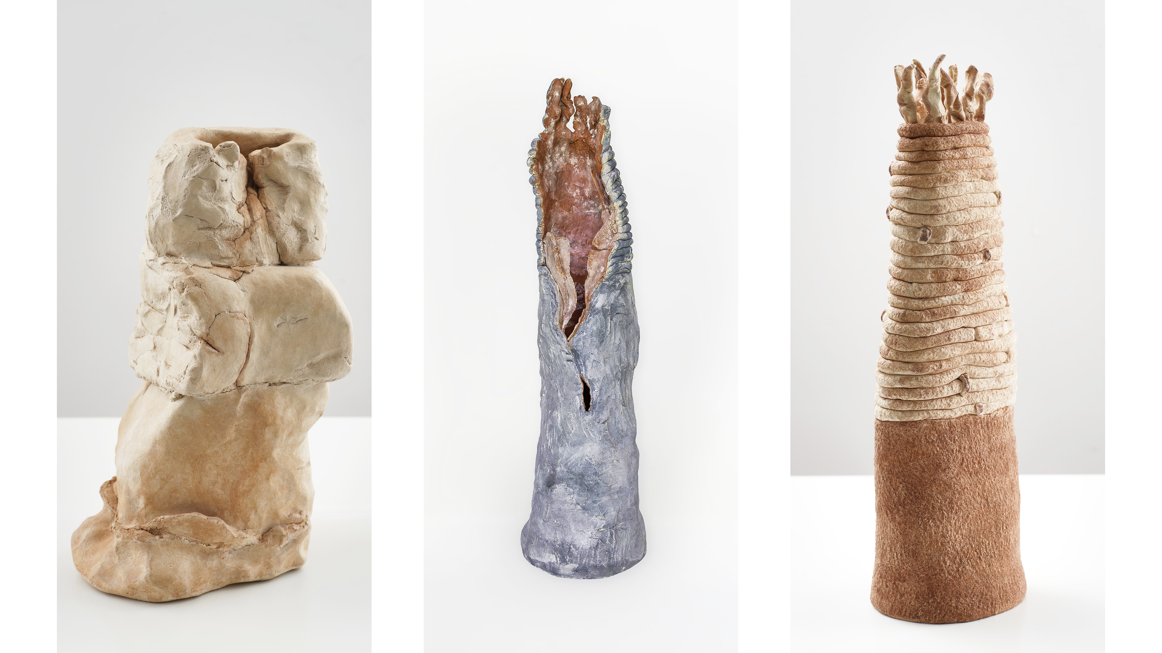 From left: 1. Mariuccia Secol, Untitled (Senza Titolo), 2016, ceramic, terracotta, 49 x 20 x 19 cm © Mariuccia Secol. Courtesy of the artist’s family and Galeria Monopol, Warsaw. Photo: Bartosz Górka. 2. Untitled (Senza Titolo), ca. 2010, ceramic, teracotta, 70 x 17 x 18 cm © Mariuccia Secol. Courtesy of the artist’s family. Photo: Magdalena Typiak 3. Tudia, 2012, ceramic, terracotta, 55 x 15 x 8 cm © Mariuccia Secol. Courtesy of the artist’s family and Galeria Monopol, Warsaw. Photo: Bartosz Górka