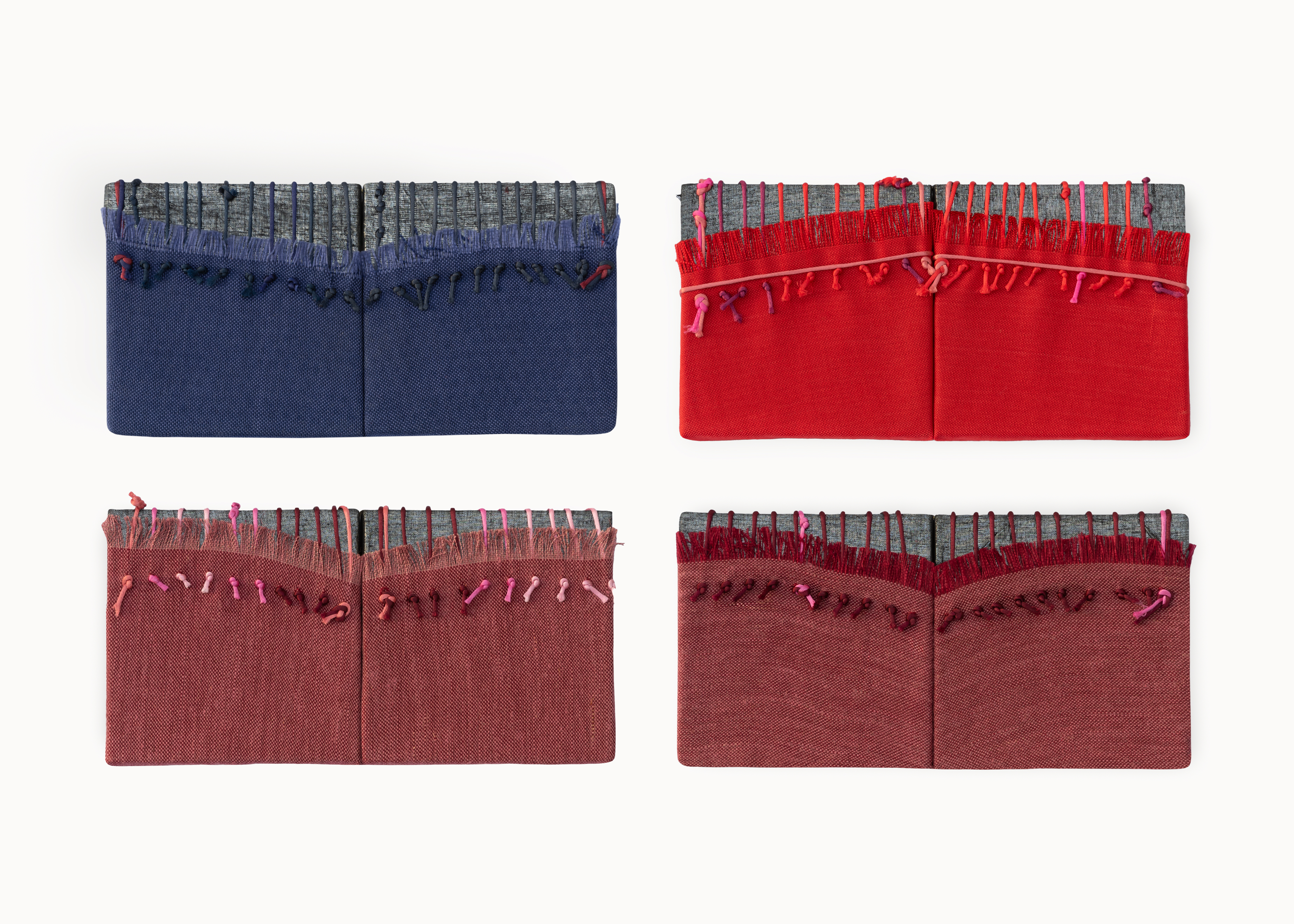 Mariuccia Secol, The gate (blue, red, purple, purple) (Il cancello [blu, rosso, viola, viola], from the series Gates for dolls (Cancelli per le bambole), 2016, fabric, rope, on canvas, 15 x 31 cm each