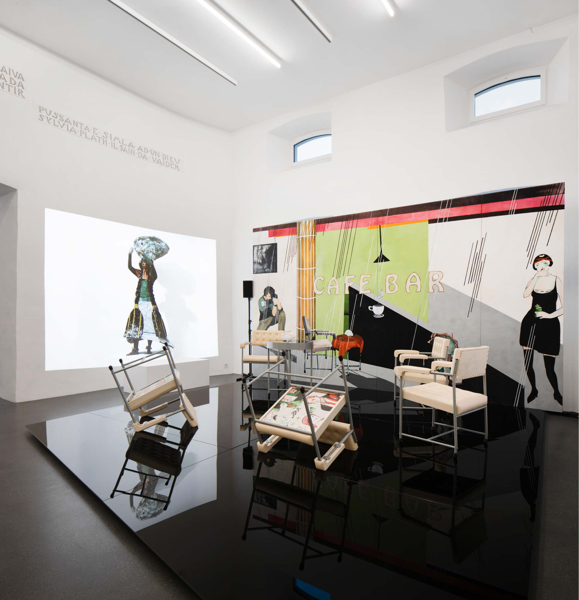 Paulina Olowska, ‘Cafe Bar’ (2011–2018) and ‘Morana’ (2019), installation view.