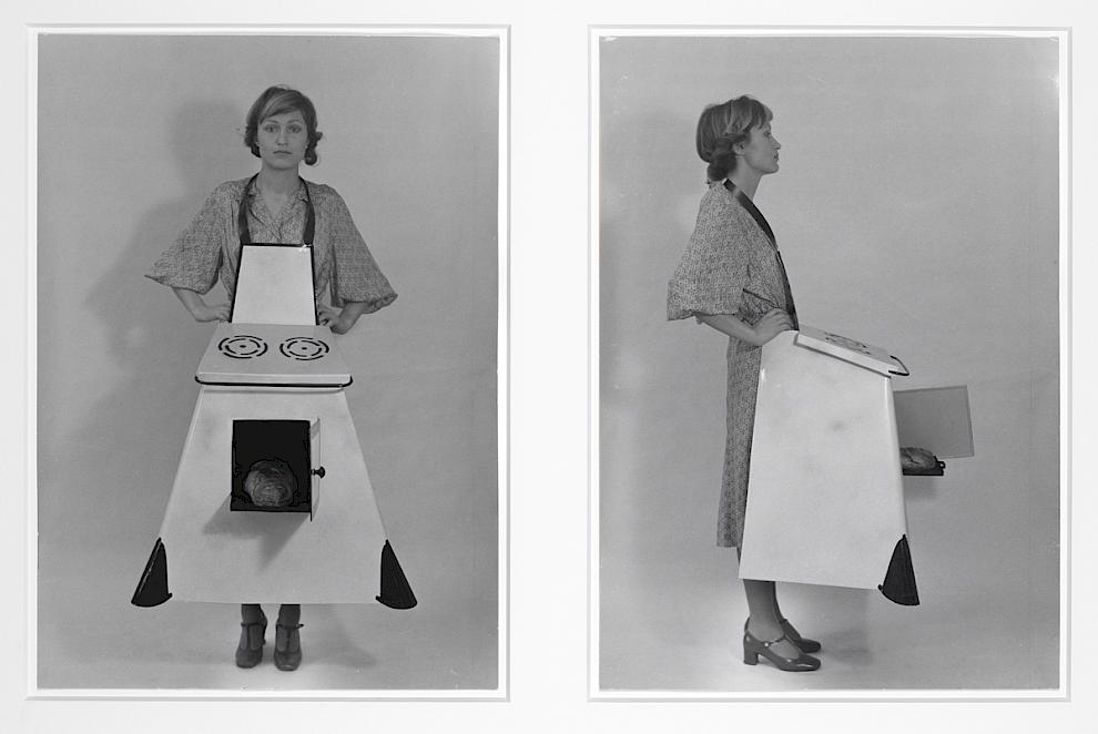 Birgit Jürgenssen, Housewives' Kitchen Apron, 1975, b/w photograph on baryta paper, diptych, 50 x 40 cm each © Estate Birgit Jürgenssen / Bildrecht Vienna, 2026; Courtesy Galerie Hubert Winter